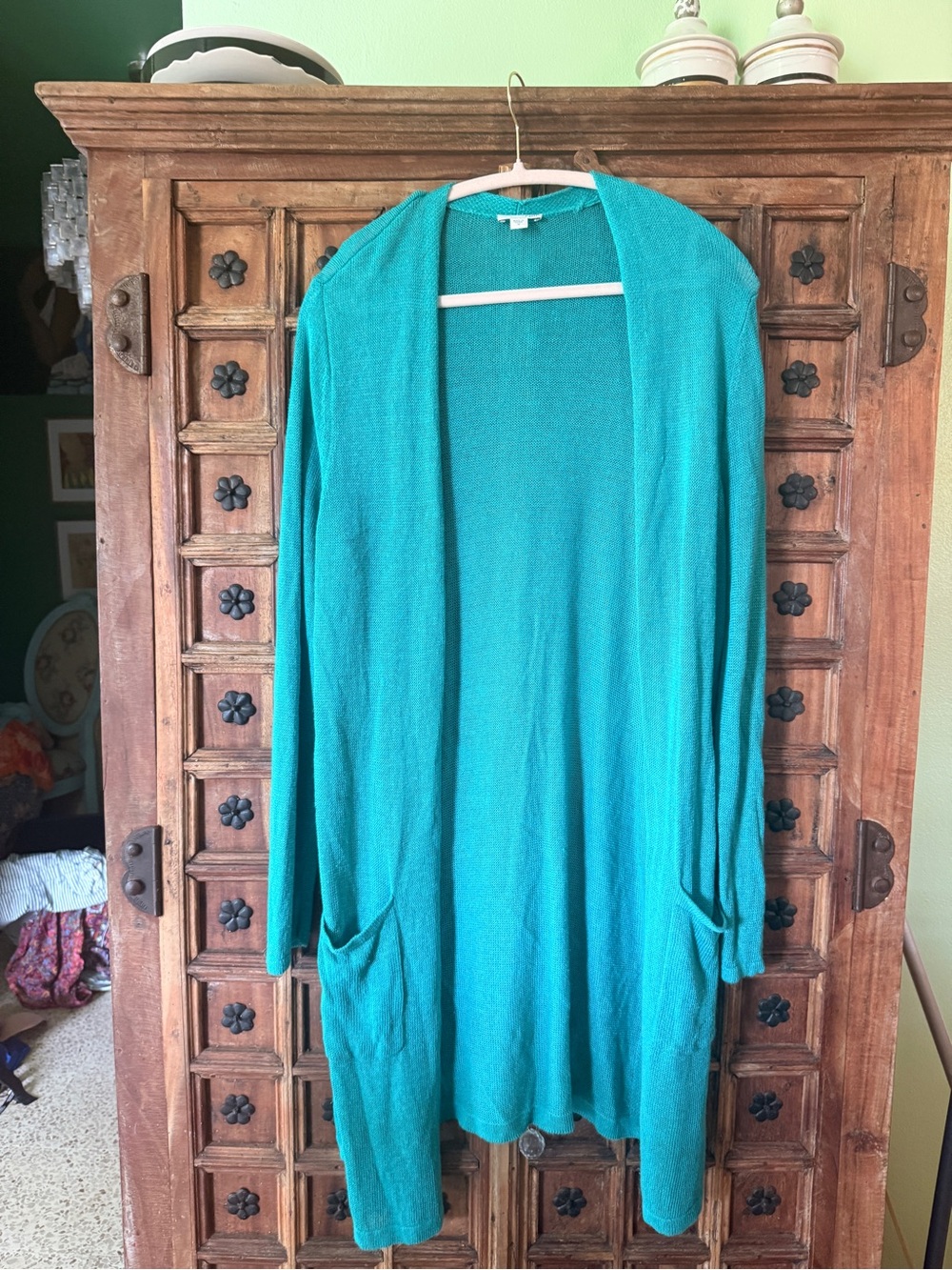 J. Jill Teal Open-Front limen Lightweight Cardigan